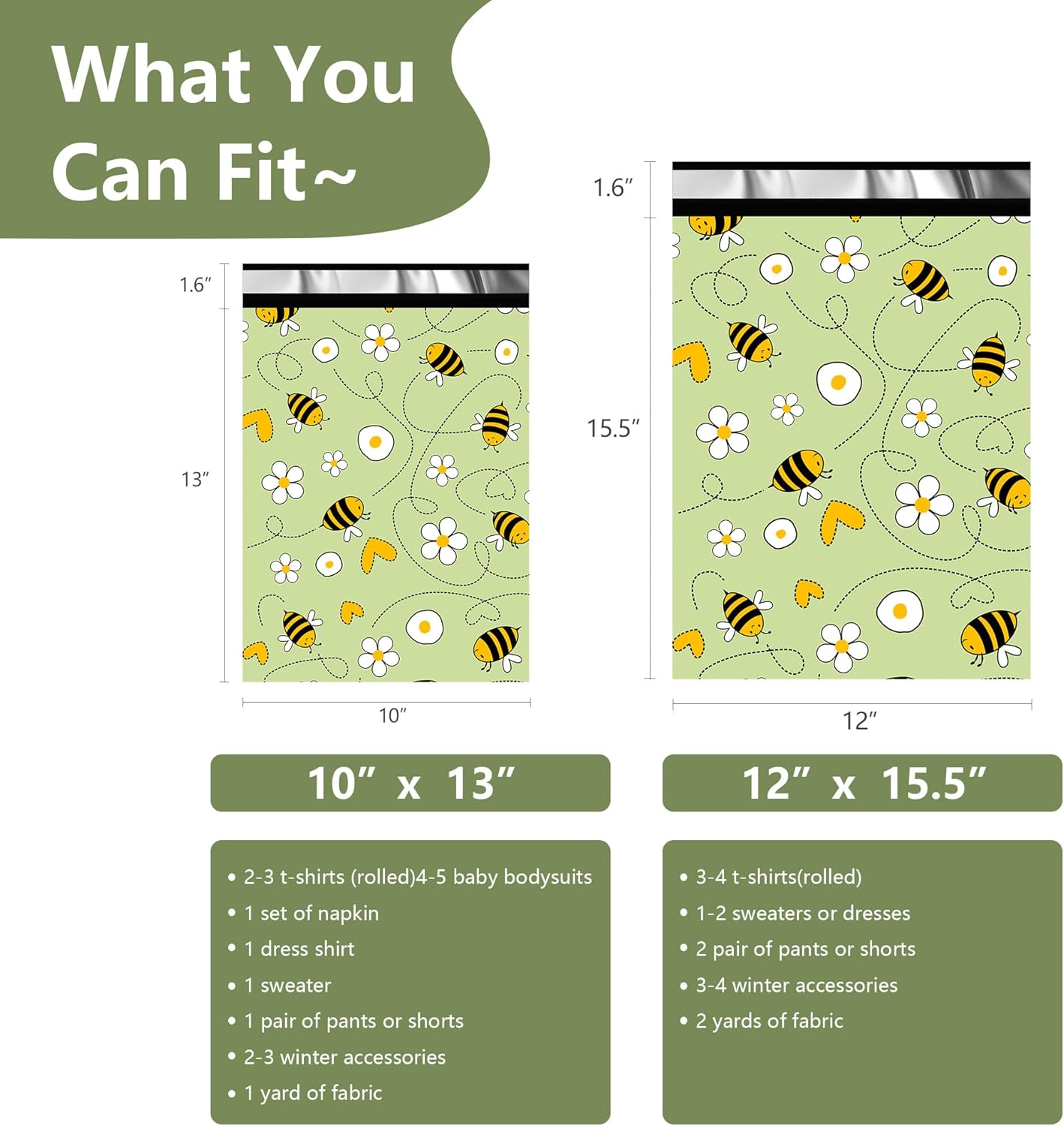 Poly Mailers 12x15.5 Inch 50 Pcs - Bee printed Shipping Bags, 2.4mil Thickness, Waterproof and Tear Resistant Mailing Envelopes, Self-Sealing Packaging Bags for Small Business