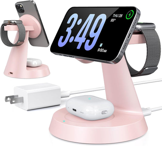3 in 1 Wireless Charging Station for Apple Mag-Safe 15W Fast Charger Stand for Multiple Apple Devices Magnetic Charger for iPhone 16/15/14/13/12 Series, AirPods, iWatch Series(Pink)
