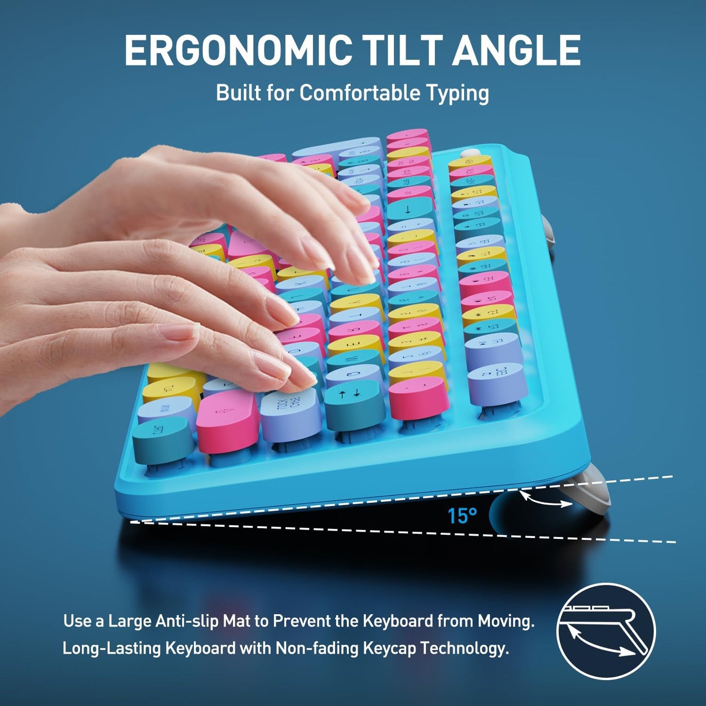 FOPETT 2.4GHz Wireless Keyboard and Mouse Set with Switch Button - Full-Size Keyboard - Compatible for Windows/Laptop/PC/Notebook/Smart TV and More - Blue Colorful