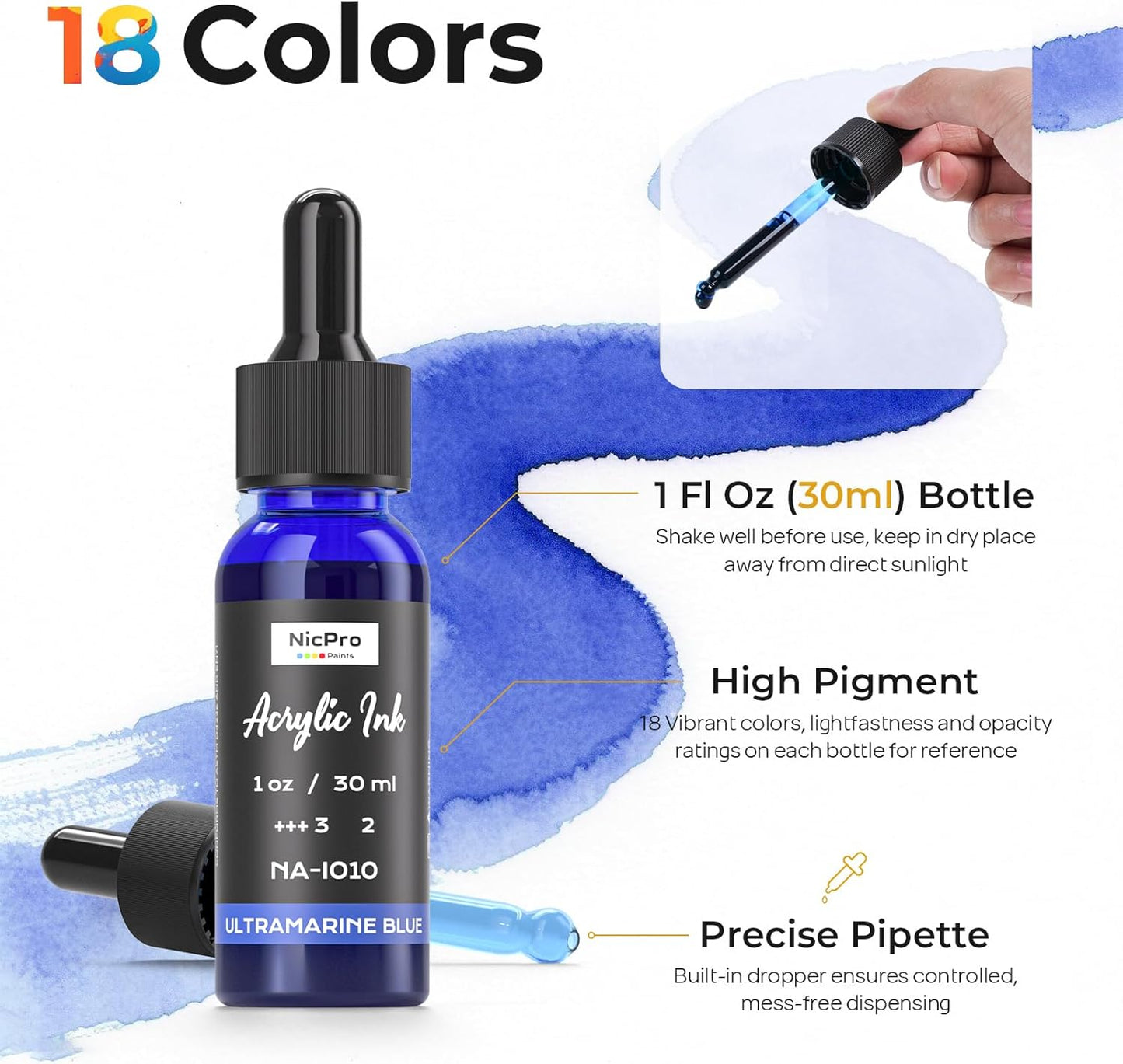 Nicpro 18 Colors Acrylic Ink, 1-oz(30ml) Bottle with Dropper, Quick Dry Permanent Acrylic Drawing Inks For Artist, Essential Color Set For Ink Drawing, Pouring Art, Airbrush, Scrapbooking, Mixed Media