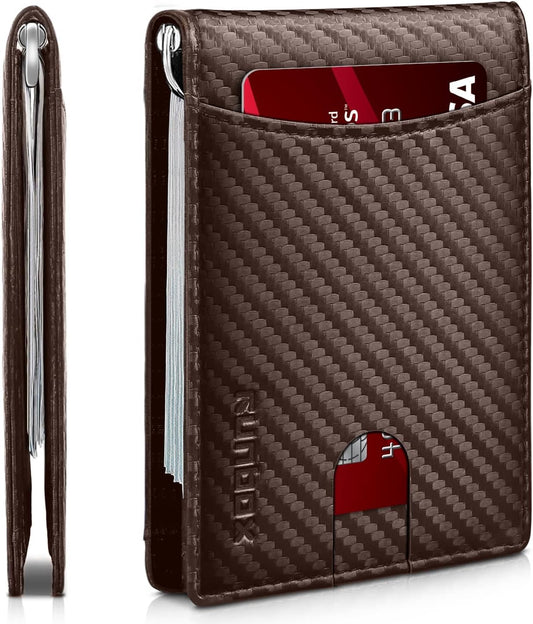 Slim Money Clip Wallets for Men RFID Blocking 11 Card Holder Minimalist Small Thin Carbon Leather Bifold Mens Front Pocket Wallet Gift Box