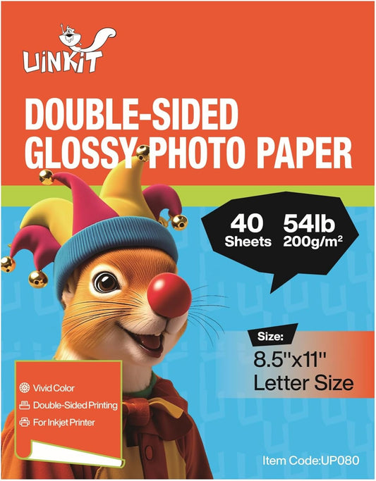 Uinkit Double Sided Photo Paper Glossy 40 sheets 8.5x11 54lbs Inkjet for Dye Ink 200Gsm Picture 8.5 x 11 9.5Mil for Inkjet Printing Printer