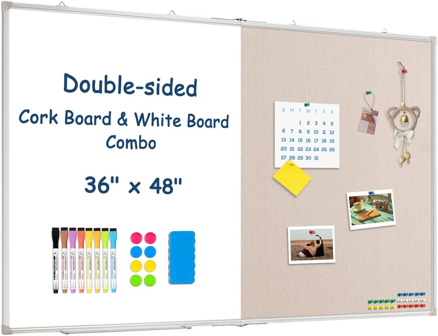 Large White Board Dry Erase Foldable Bulletin Board Combo, 48" x 36" Double Sided Dry Erase Board for Wall, Magnetic Whiteboard Bulletin Board with Linen for Office, Home, School, Kitchen -White
