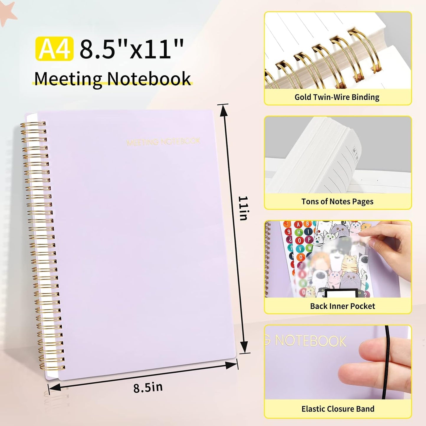 SUNEE Meeting Notebook for Work with Action Items - 160 Pages, A4 Size Project Planner, Spiral Meeting Agenda/Minutes Notebook Organizer for Women Men, Note Taking, Office & Business, 8.5"x11", Purple
