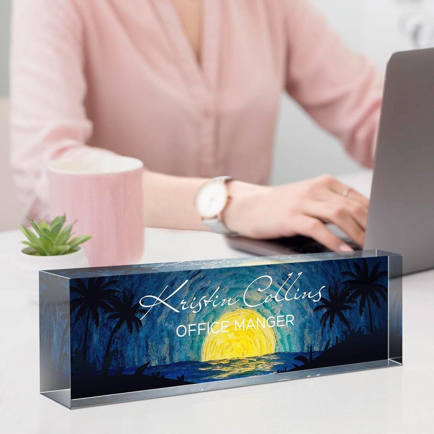 Custom Name Plate for Desk, Acrylic Office Decor For Women Men, Personalized Office Desk Accessories, Teacher Employee Appreciation Gifts For Social Worker Boss Coworkers (Moon)