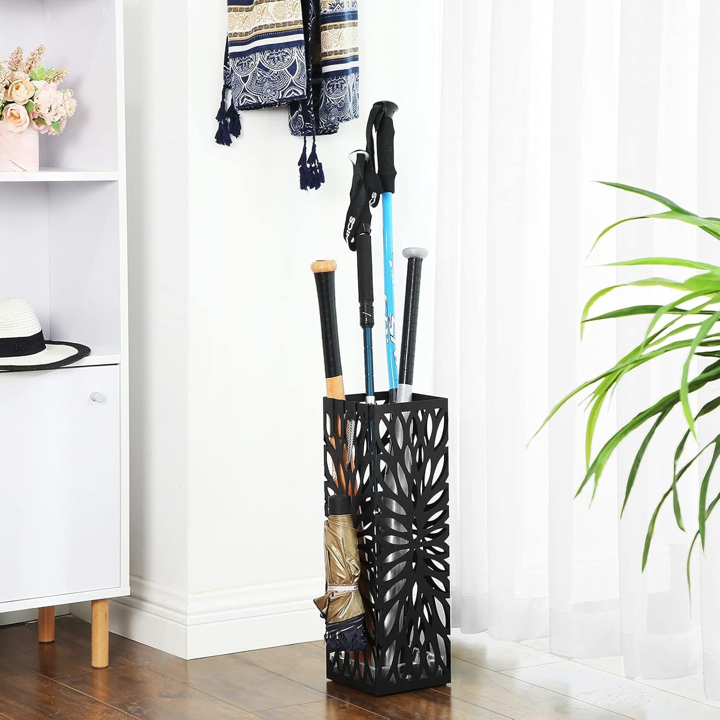SONGMICS Umbrella Stand, Umbrella Holder for Entryway, Steel Square Umbrella Rack Organizer Freestanding, for Canes Walking Sticks, with a Detachable Drip Tray, 4 Hooks, Black ULUC48B