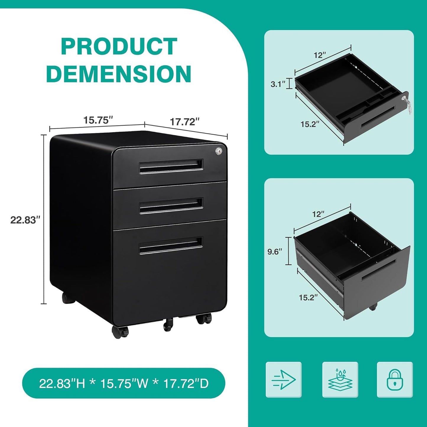 SISESOL 3 Drawer File Cabinet with Lock,Rolling File Cabinets,Under Desk File Cabinet,Three Drawer Filing Cabinet for Home Office with Wheels,Fit A4/Letter/Legal File,Fully Assembled Except Casters