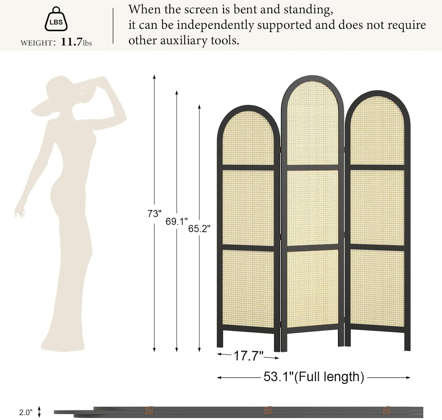 3-Panel Hand-Woven Rattan Room Divider, Tall Foldable Privacy Screen with Wooden Frame - Freestanding Portable Partition for Home Office, Bedroom, Bathroom(Black-Wave)