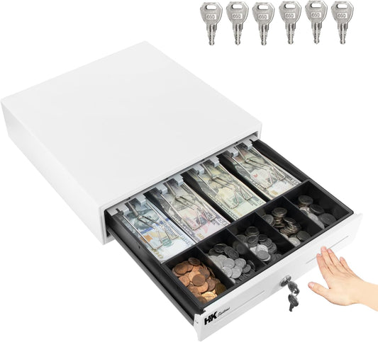 HK SYSTEMS 13inch Heavy Duty Manual Push-Open Cash Drawer with 4Bill/5Coin, Removable Till, Two Medial Slots, White