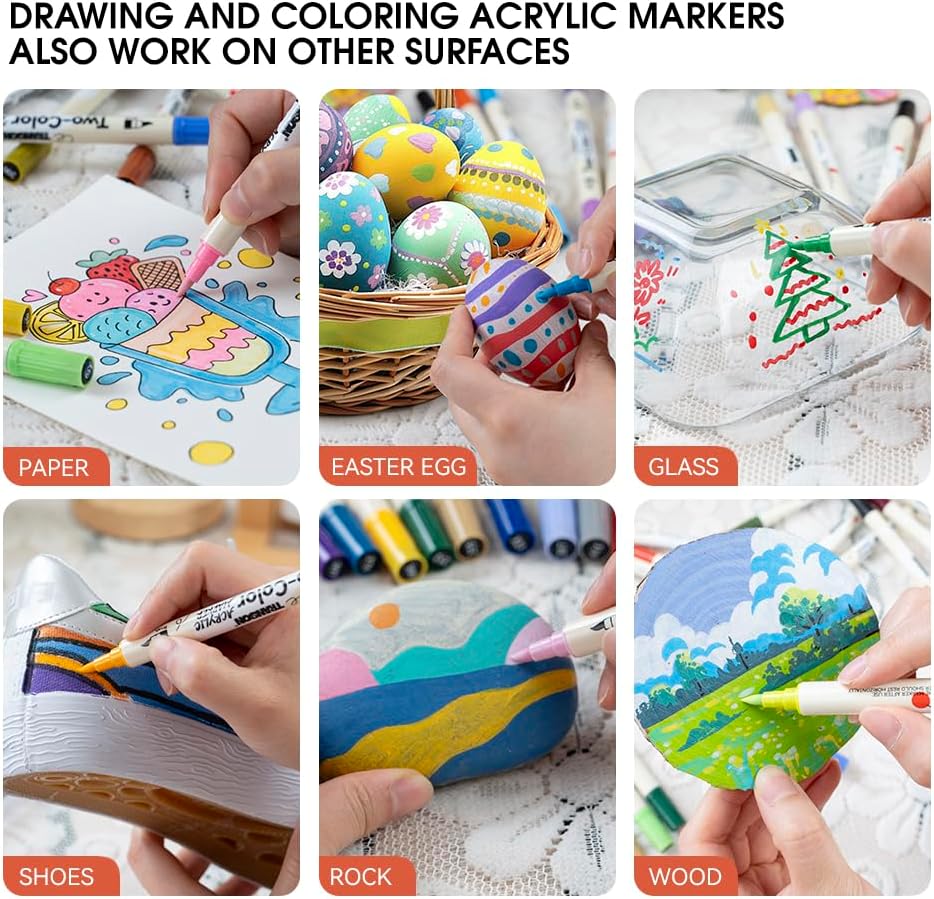 TRANSON 48 Colors Acrylic Paint Marker Set, 24 Pieces of Dual-color Acrylic Paint Pens with Brush Tips Versatile for Craft Painting, Drawing, Rock Painting, DIY, Paint on Most Surfaces