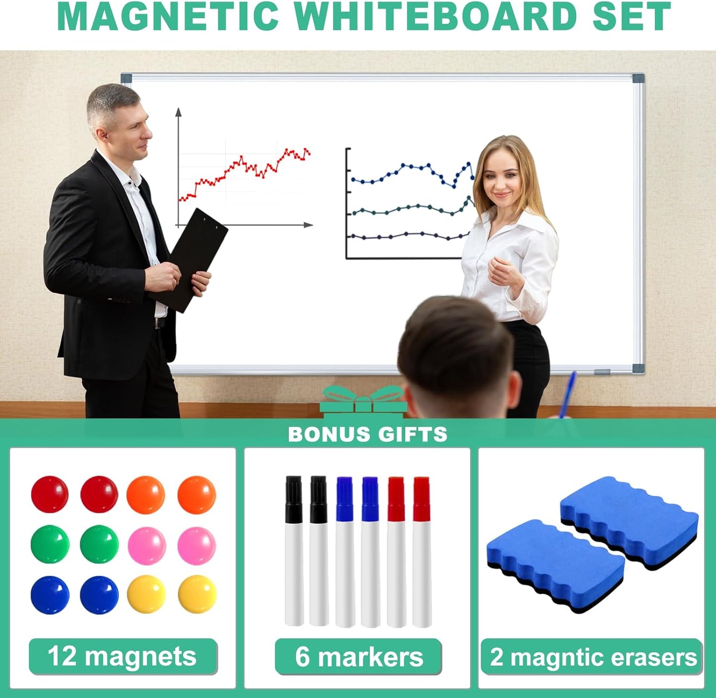 H-Qprobd Dry Erase White Board for Wall 6' x 3' Large Magnetic Whiteboard 72"x36" Aluminum Presentation Whiteboard with Long Pen Tray, 6 Markers, 2 Erasers &12 Magnets