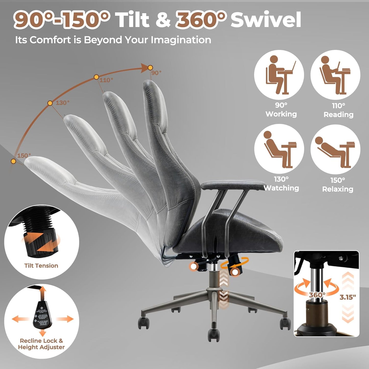 ovios Ergonomic Home Office Chair, Mid-Century Modern Faux Leather Chairs with Padded Armrests, Comfy High Back Swivel Rolling Executive Computer Armchair (Dark Grey, Suede Leather)