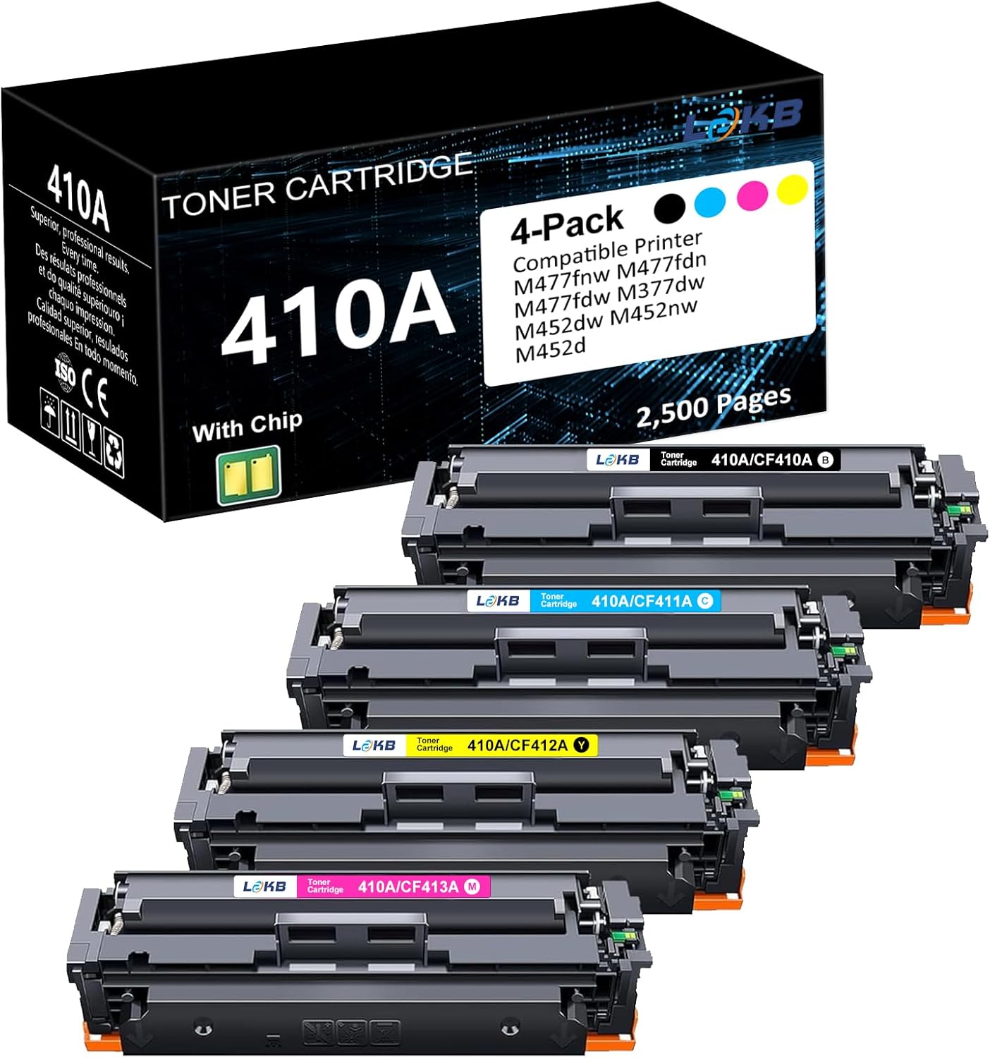 410A Toner Cartridge Replacement Compatible for 410A 410X 410 CF410A CF411A CF412A CF413A Work with Pro MFP M477fnw M477fdw M477fdn M452dn M452nw M477 Printer (4-Pack)