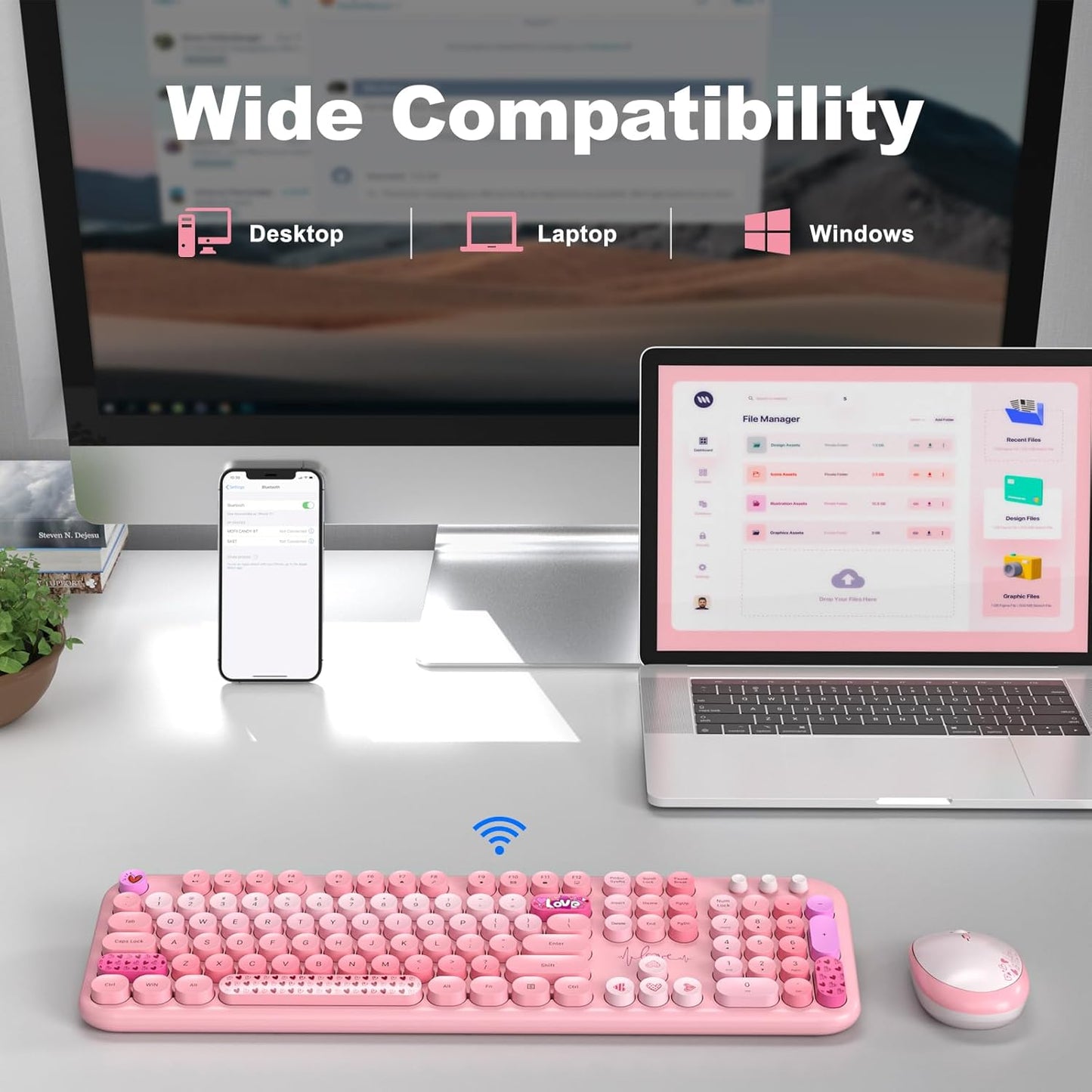 Wireless Keyboard and Mouse, Typewriter Full Size Keyboard with Number Pad and 2 in 1 USB Connected Mouse for Windows 7/8/10, Laptop, Desktop, PC, Computer (Pink Colorful)