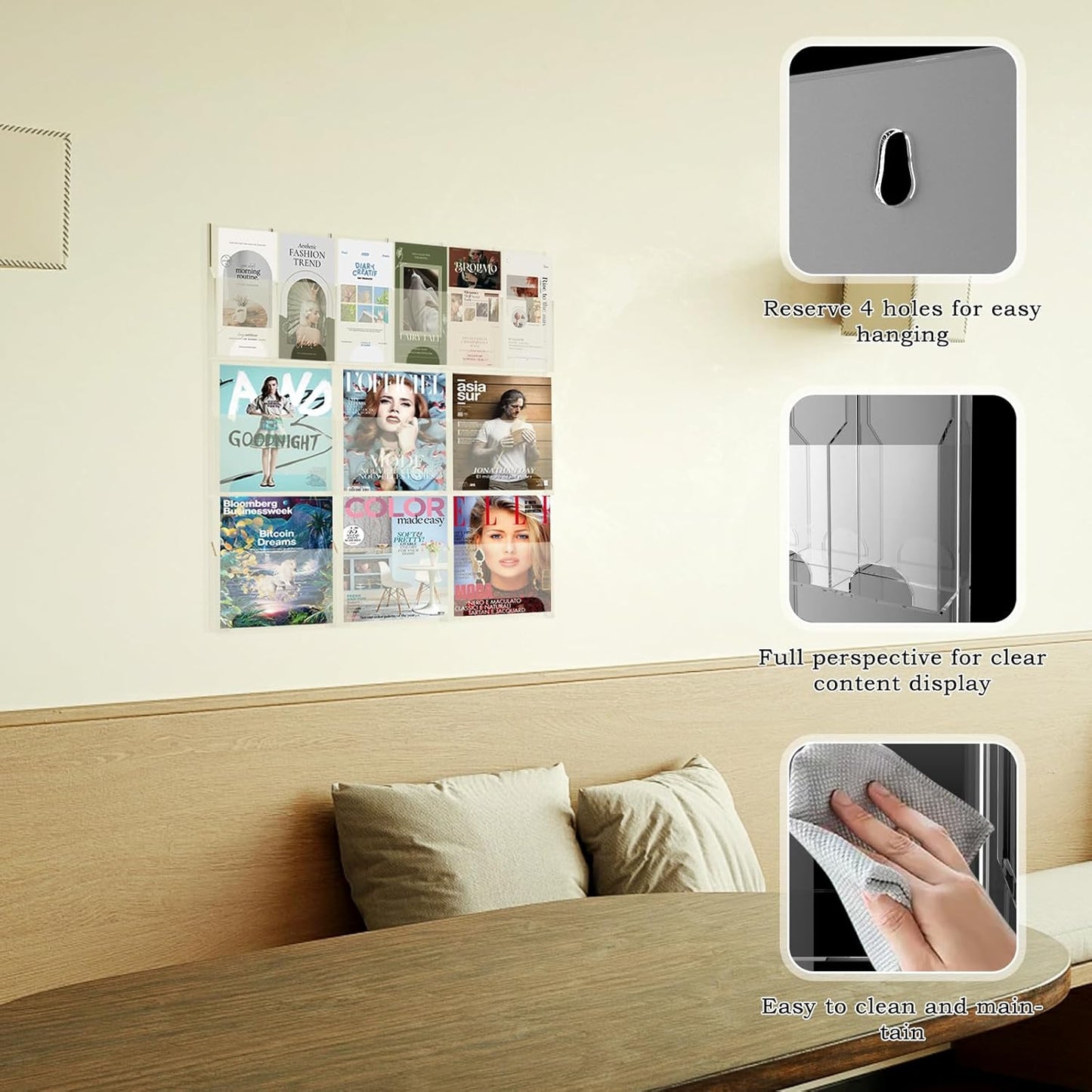 Acrylic Brochure Pamphlet Holder, 6 Magazine Holders and 6 Pamphlet Holders, Clear Brochure Display Stand Wall Mount, Trifold Flyer Rack, Literature Storage Rack for Home, Offices, Waiting Room