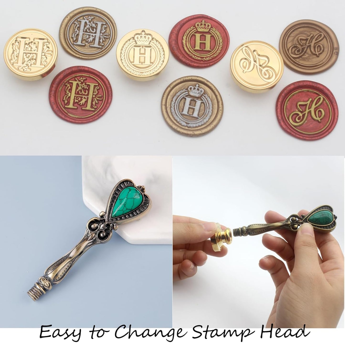 Letter Wax Seal Stamp Kit, Andotopee Wax Seal Kit Initial Alphabet H Sealing Wax Stamp Head 3pcs, Vintage Wax Stamp Seal Kit with Wax Seal Beads, Wax Seal Warmer Tools, Wax Seal Pen, Gift Box Set