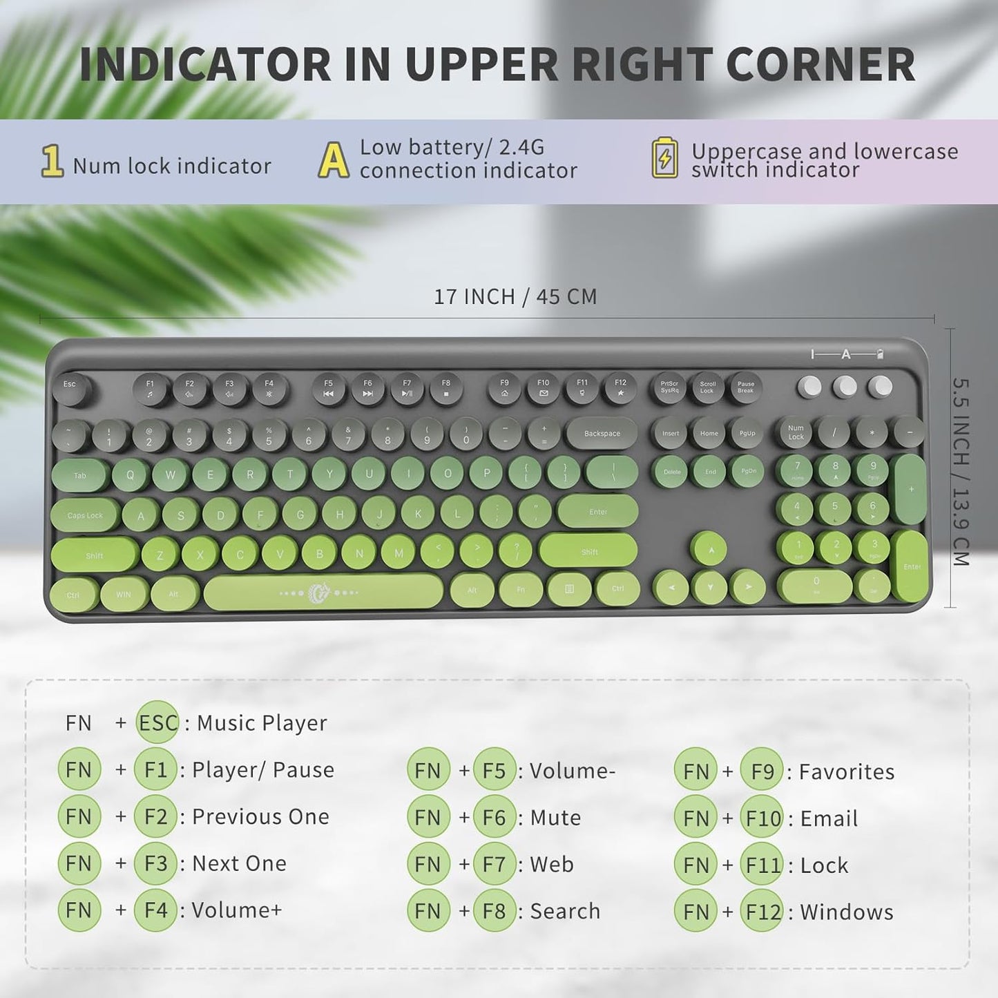 Wireless Keyboard and Mouse Combo, 2.4 GHz Wireless Full-Sized Typewriter Keyboard with Round Keycaps for Windows, Computer, Desktop, PC, Laptop (GreyGreen)