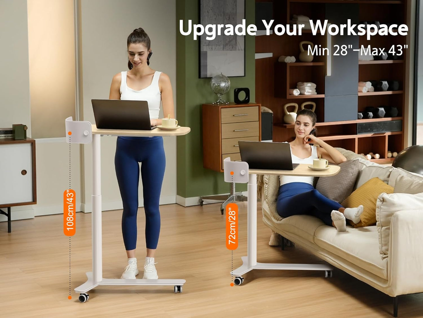 Rolling Desk Adjustable Height with Drawer and Wheels, Portable Small Standing Desk Pneumatic for Home Office, Mobile Computer Laptop Desk Cart, Medical Sofa Overbed Table, Oak