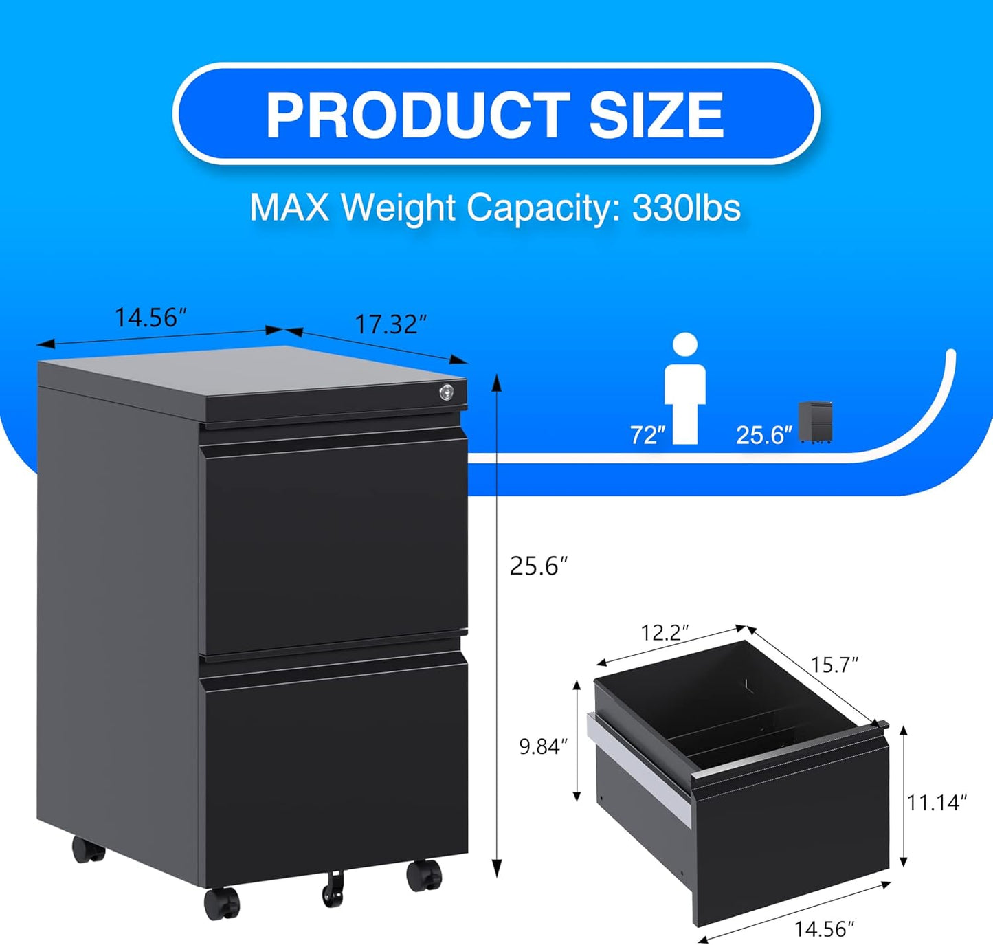 METAN 2 Drawer Vertical File Cabinet with Lock, Mobile Metal Filing Cabinet for Legal/Letter Size, Office Storage File Cabinet Under Desk, Fully Assembled Except Wheels, Black