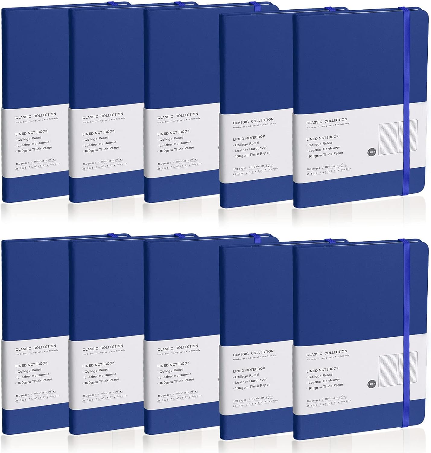 Lined Journal Notebook, 10Pack(Blue), 160 Pages, Medium 5.7 inches x 8 inches - 100 gsm Thick Paper, Hardcover