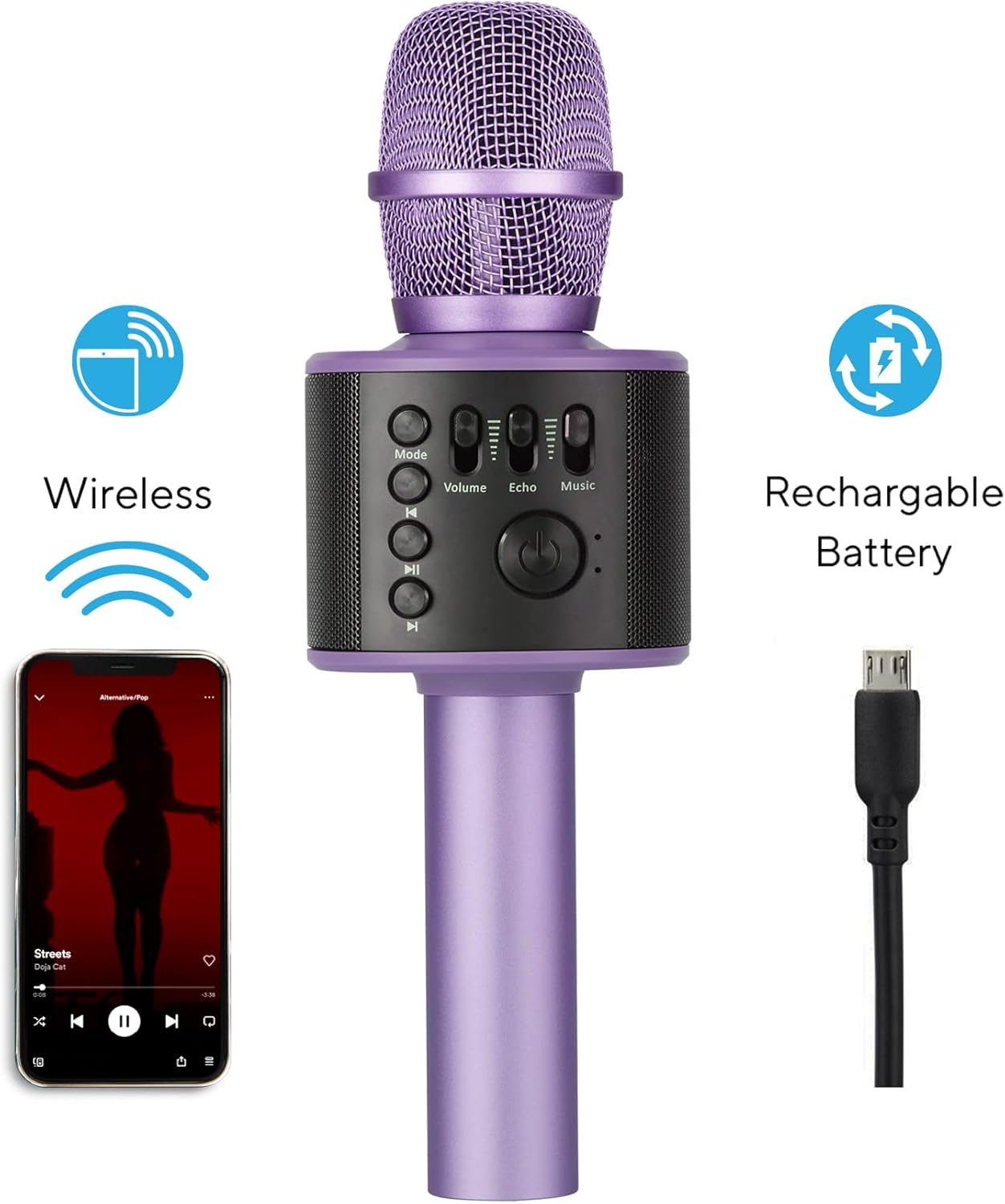Core Innovations Wireless Bluetooth Karaoke Microphone with Built-in Speakers + HD Recording, Portable Handheld Mic | Lilac