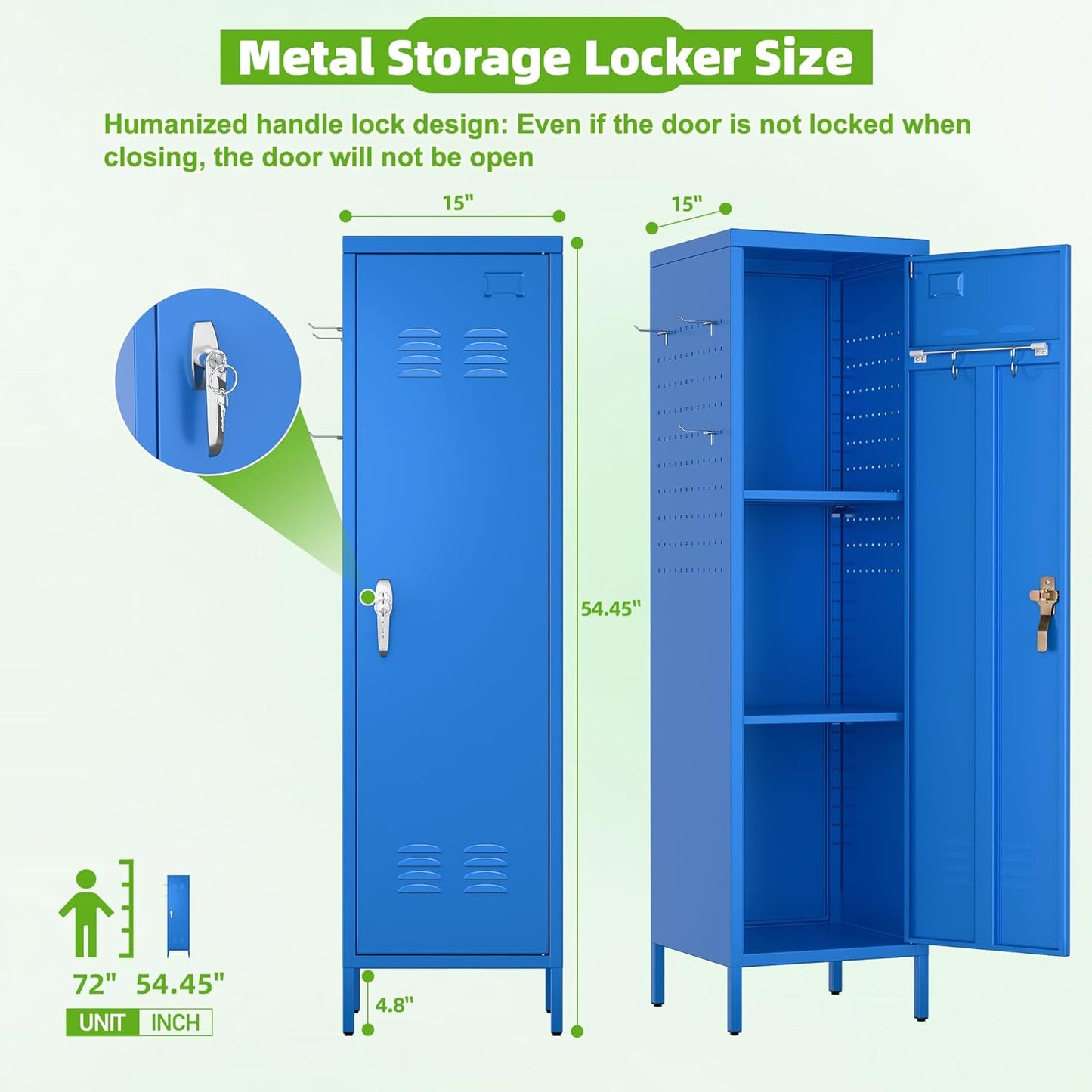 Aobabo Metal 54" H Metal Storage Locker for Employees, Lockable 1 Door with Towel Rack and 2 Side Pegboards with Hooks for School Office Gym Home, Assembly Required (Blue)