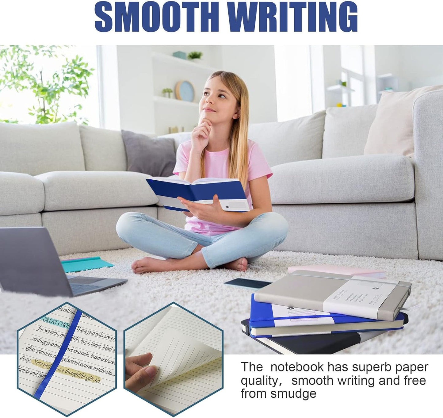 Lined Journal Notebook, 6Pack(Blue), 160 Pages, Medium 5.7 inches x 8 inches - 100 gsm Thick Paper, Hardcover