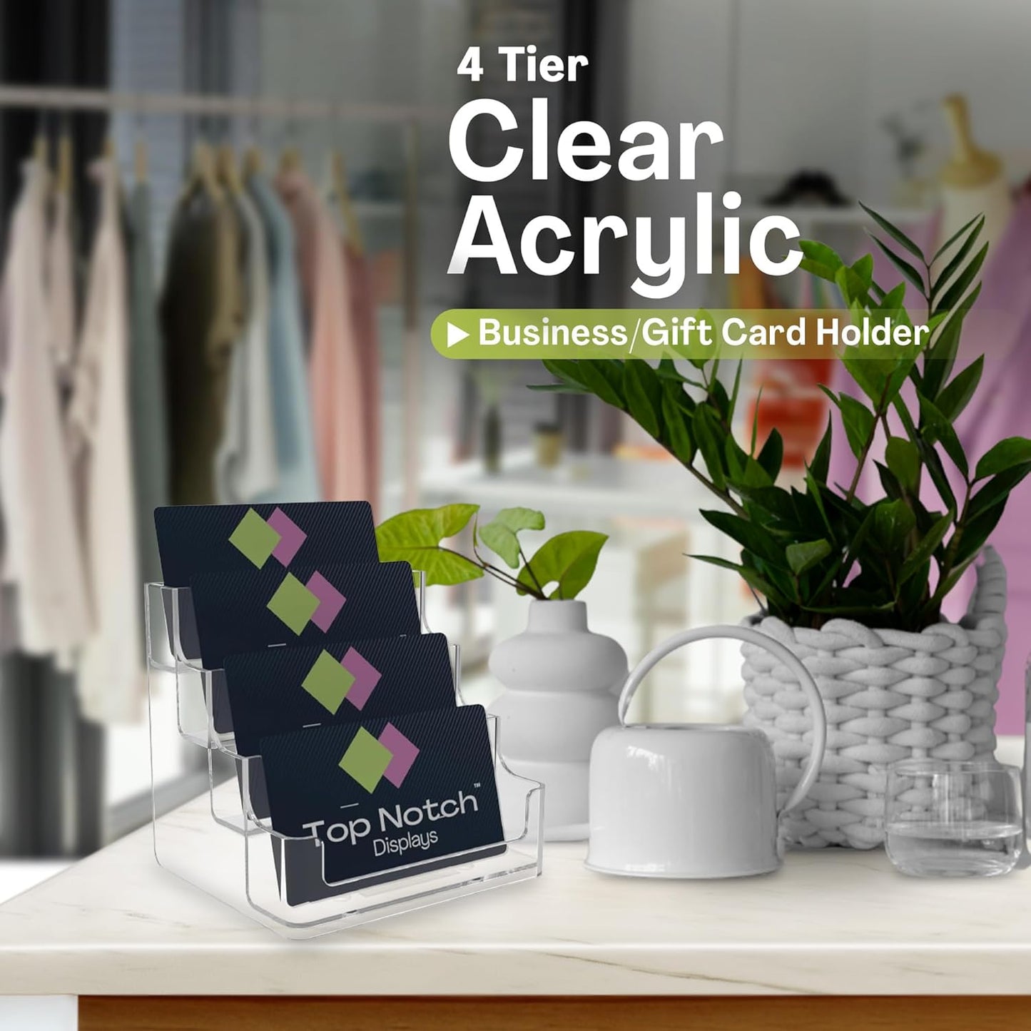 4 Tier Clear Acrylic Business/Gift Card Holder, Fits standard-sized business cards or gift cards, For Use In Office, Retail, and Hospitality - Pack of 8