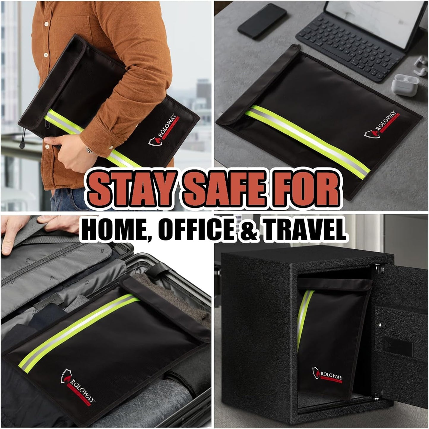 ROLOWAY Fireproof Document Bag (15.5 x 11.5 inch) with 2 Pockets and 5200℉ Aluminum Foil Layer, Fireproof Bag for Document Safe (Black)