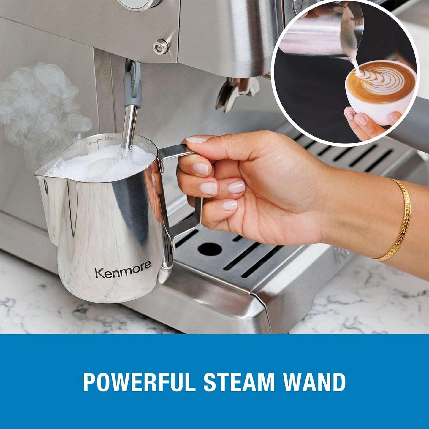 Kenmore Espresso Machine - Semi Automatic Coffee Maker With Auto Tamper, Auto Cleaning, Milk Steamer & Frother, Bean Grinder, Make Professional Barista Style Cappuccino, Café Latte, Stainless Steel