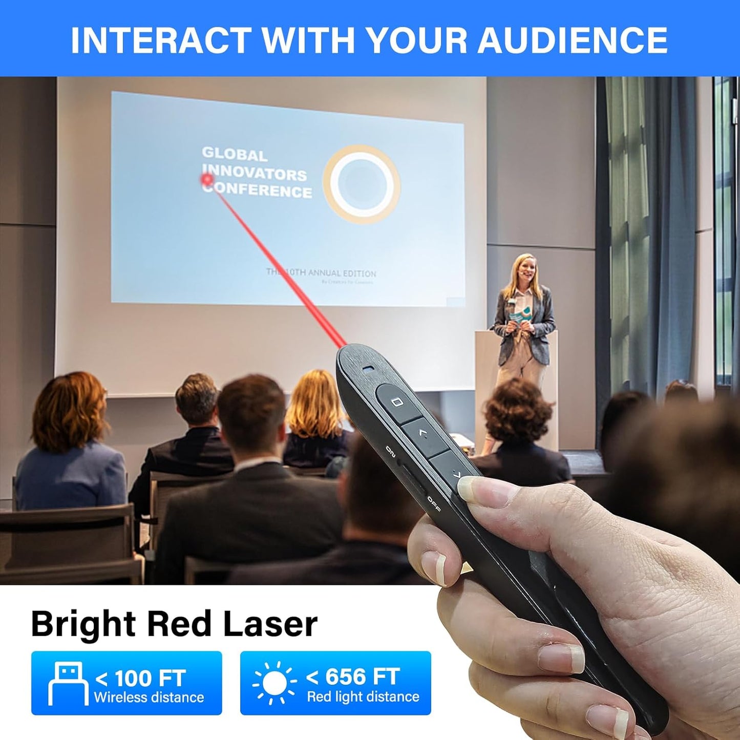 Presentation Clicker, Wireless Presenter with Red Light Pointer, Clicker for Powerpoint Presentations RF 2.4GHz USB Presenter Remote Google Slide Advancer with Hyperlink Volume Control