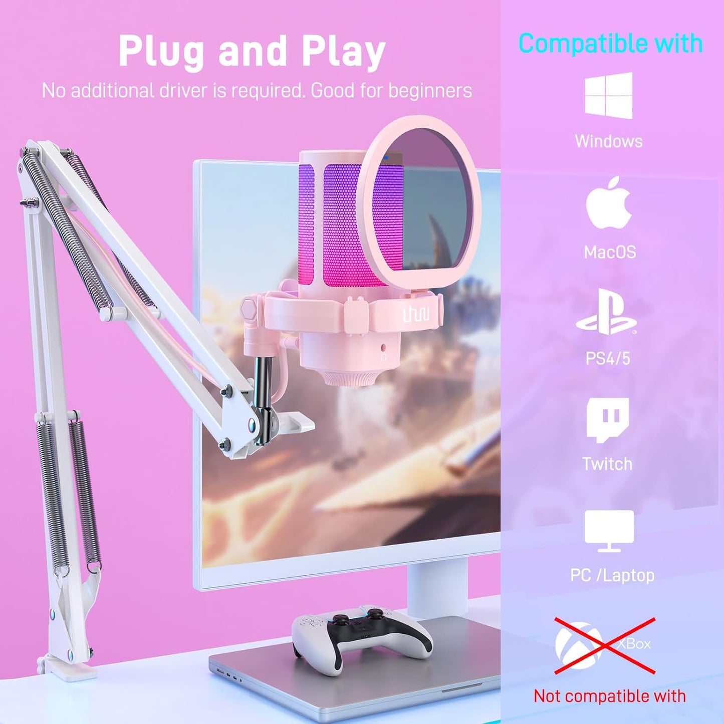 UHURU Gaming USB Microphone for PC: Streaming Computer Mic with Noise Cancellation - Condenser Mic with Controllable RGB for Gaming Streaming