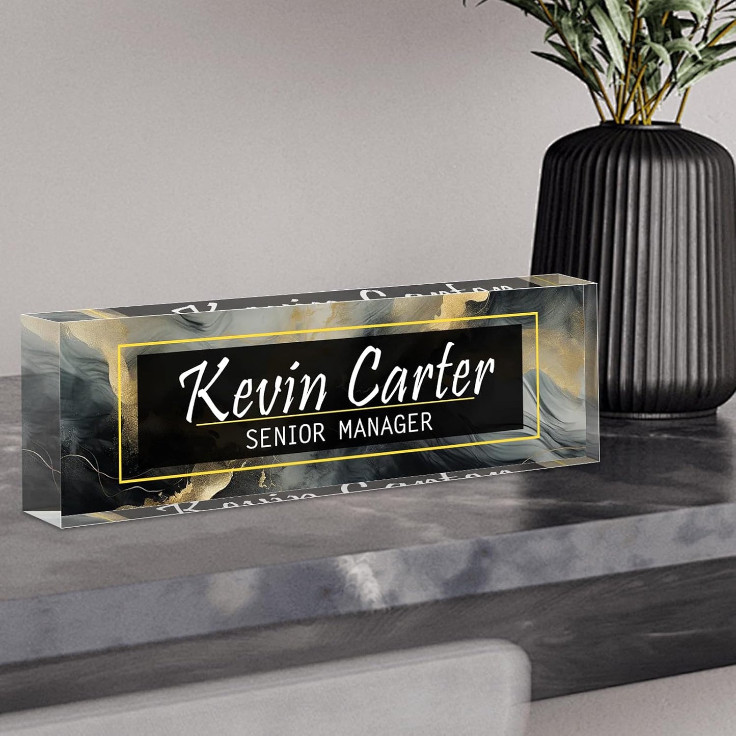 Name Plate for Desk Personalized, Acrylic Desk Decorations, Employee Appreciation Gifts, Custom Office Gifts for Coworkers, Boss, Teacher, Nurse (Black Gold Marble)