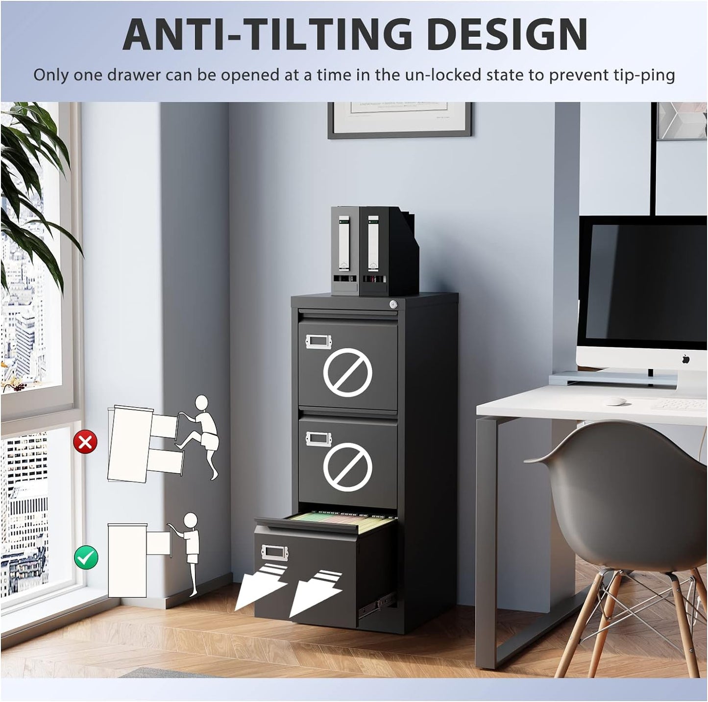 3-Drawer File Cabinet, Locking Metal Vertical File Storage for Home Office, Black, 15" W x 17.7" D x 38.6" H