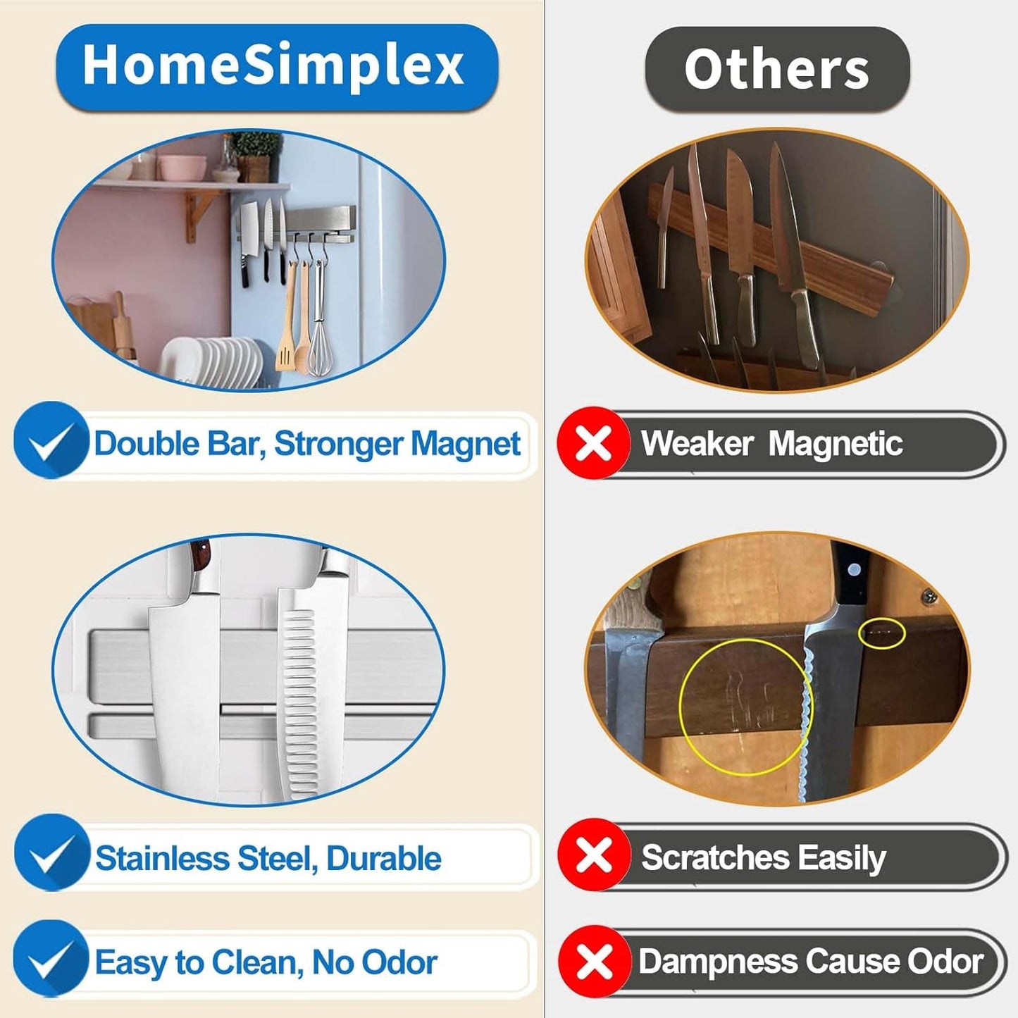 12 Inch Magnetic Knife Holder for Refrigerator with 6 Hooks - Double Sided Magnetic Knife Strip for Fridge - Premium Magnetic Knife Bar Rack - 304 Stainless Steel Kitchen Utensil Hanger