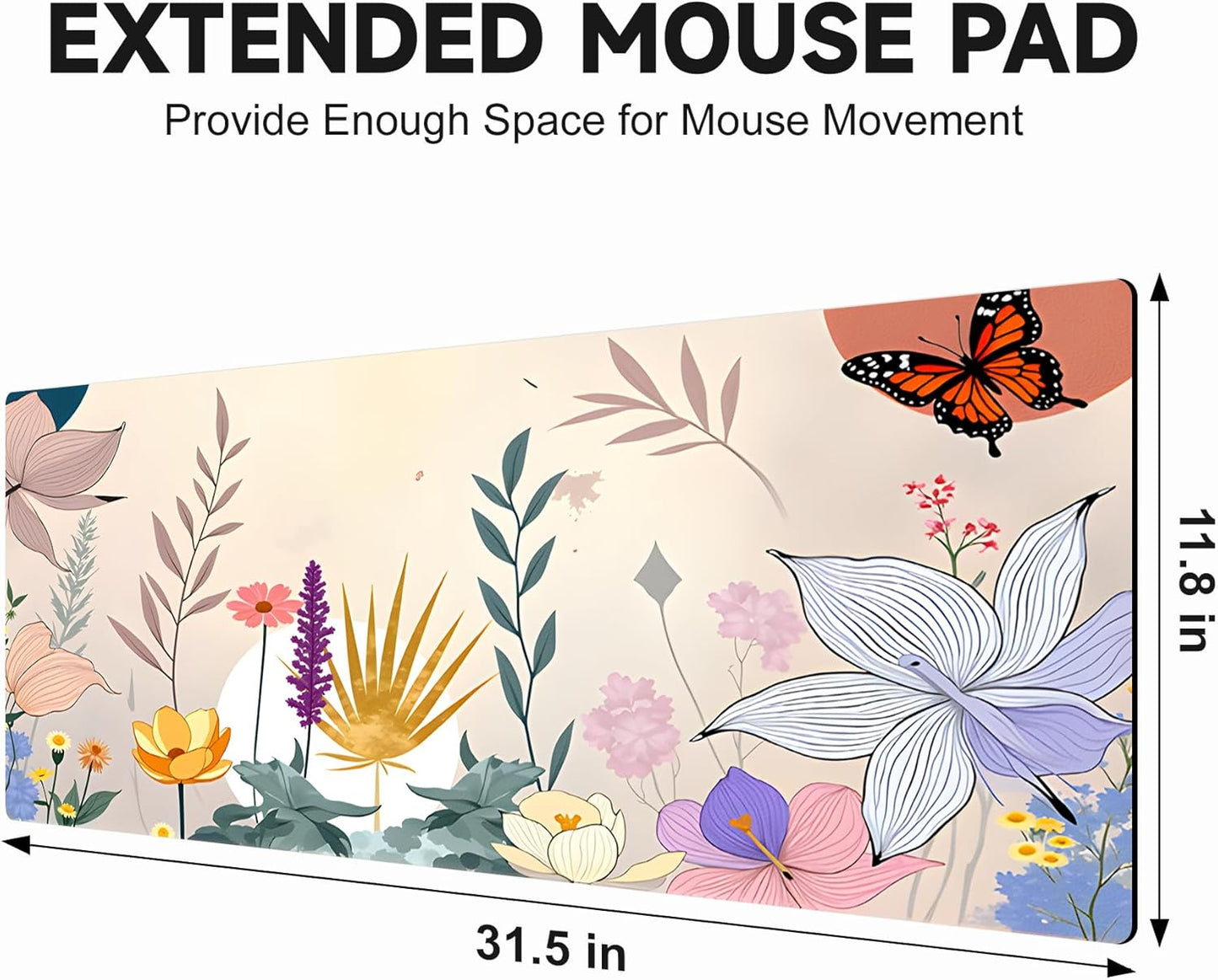 Large Gaming Mouse Pad (31.5"x11.8") - XXL PU Leather Waterproof Desk Mat with Non-Slip Rubber Base for Keyboard, PC & Office (Flower-Butterfly)