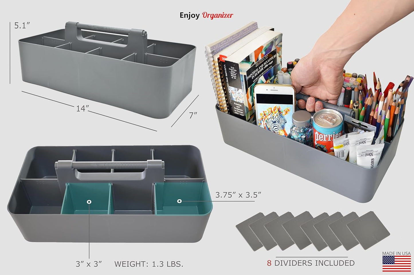 -Large Carry Caddy Bin Basket Portable Office Desk Storage DIY- MADE IN USA (Orion Gray)