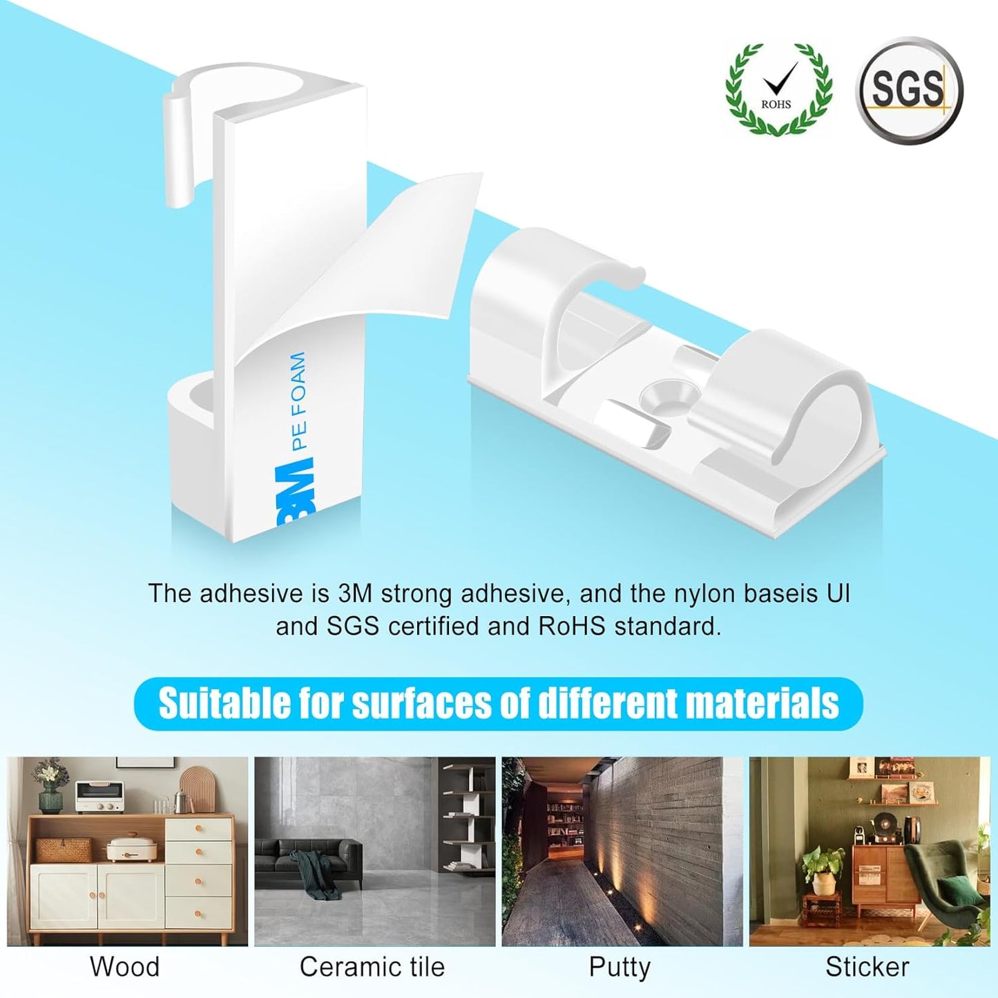 XHF 50pcs Medium Self Adhesive Cable Clips White,Wire Clips Cable Management Wire Organizer Cord Holder for Under Desk, Car, Wall, TV PC Ethernet Cable