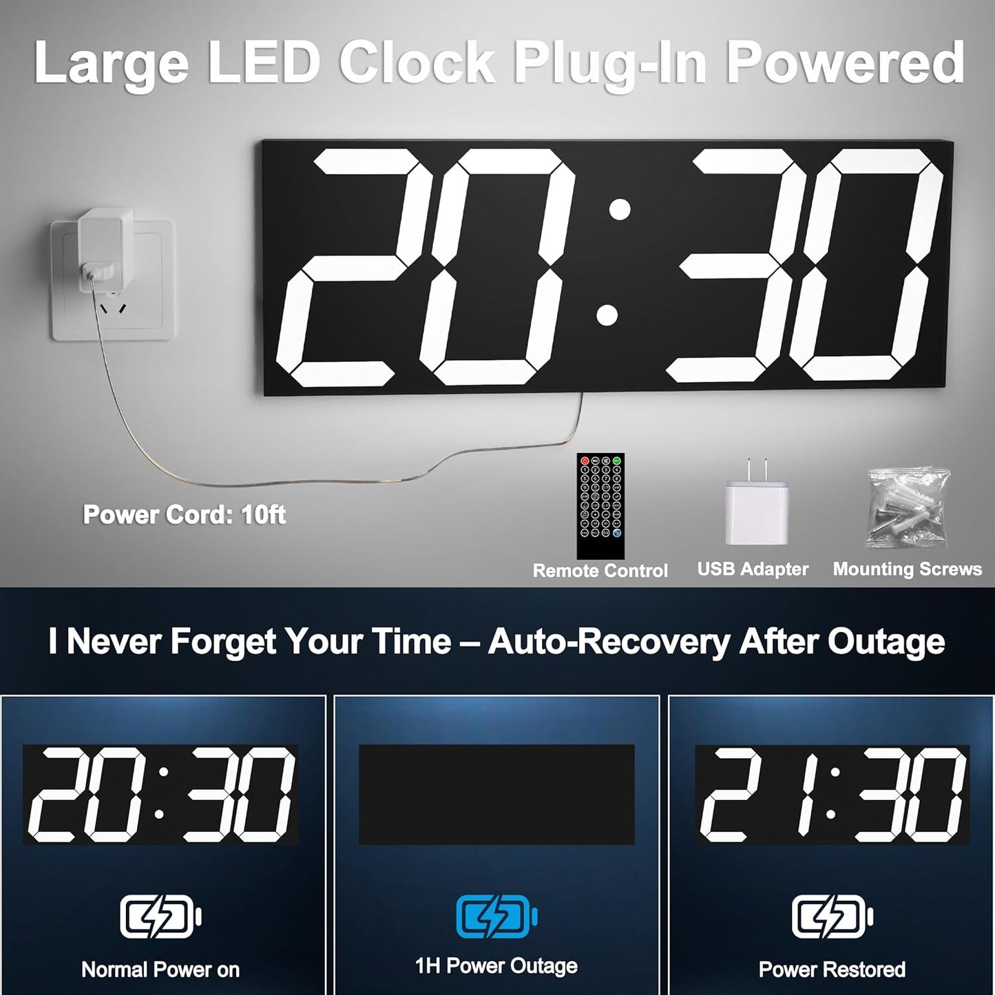 Digital Clock with Large Display 18.7 Inch, GPS Auto-Sync Time, Wall-Mounted with Remote Control, Ideal for Classroom Use