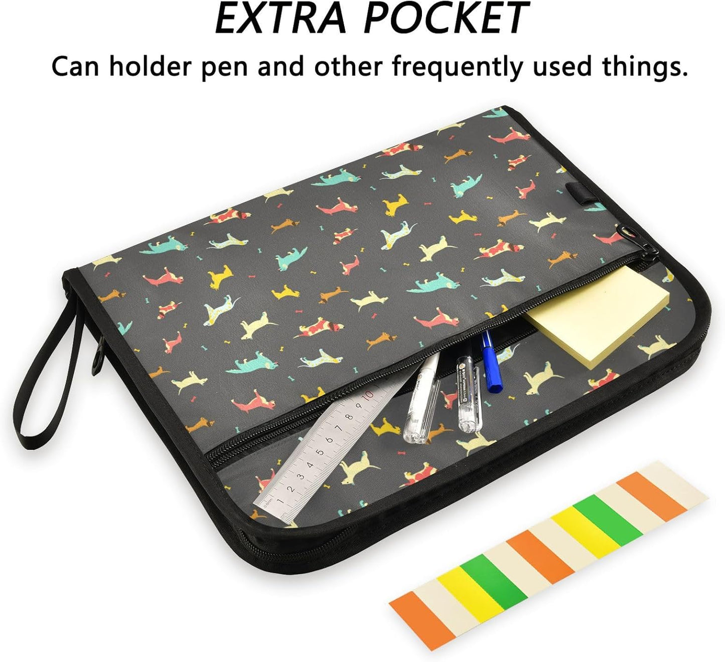 Gredecor 13 Pockets File Folder Organizer A4/Letter Water Resistant Dachshund Dog Black Document Bag with Zipper Filing Folder Expanding File Pouch Storage for School Office