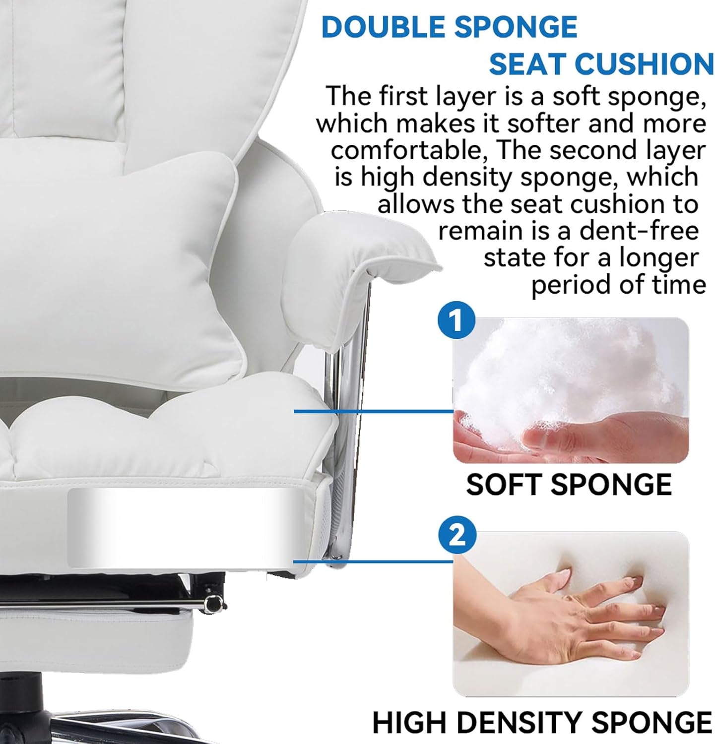 Efomao Big and Tall Office Chair 400lbs – High Back PU Leather Executive Chair with Lumbar Support, Footrest, Swivel Base, Padded Armrests, and Rolling Wheels for Home Office, White Computer Chair