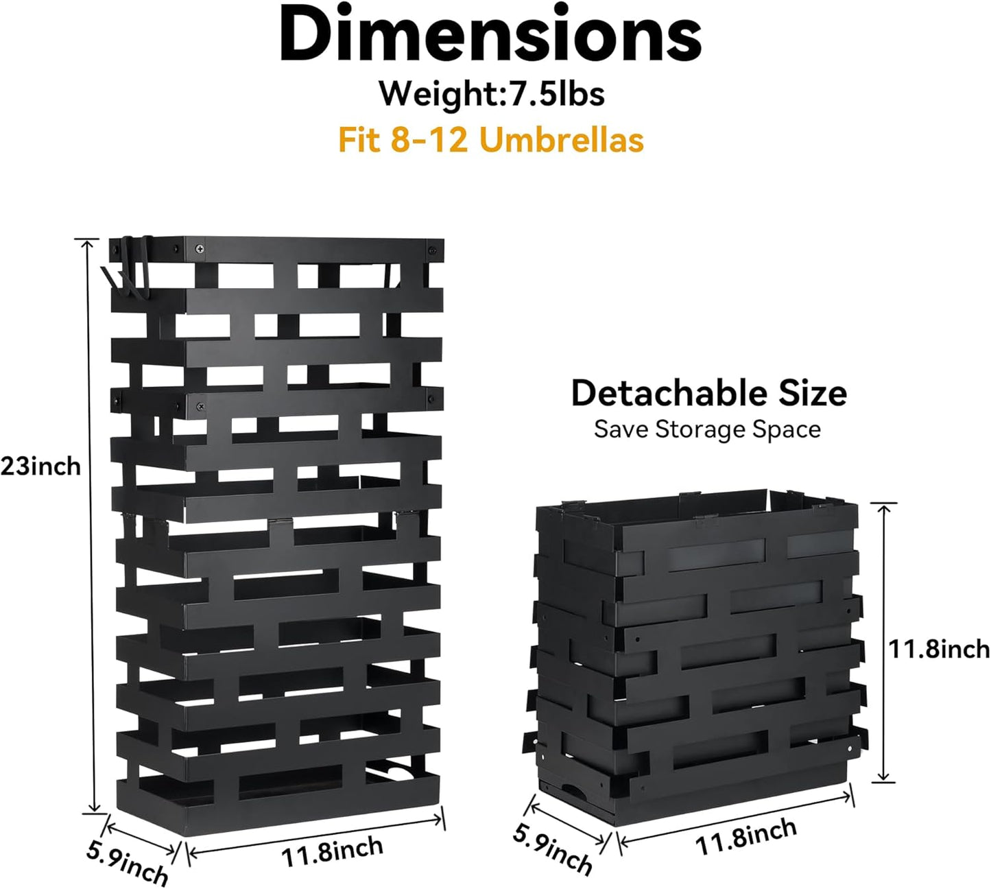 23 Inch Umbrella Holder for Indoor Entryway, Large Metal Umbrella Stand with Removable Water Tray and Hooks, Umbrella Rack Storage for Home, Office, Hotel