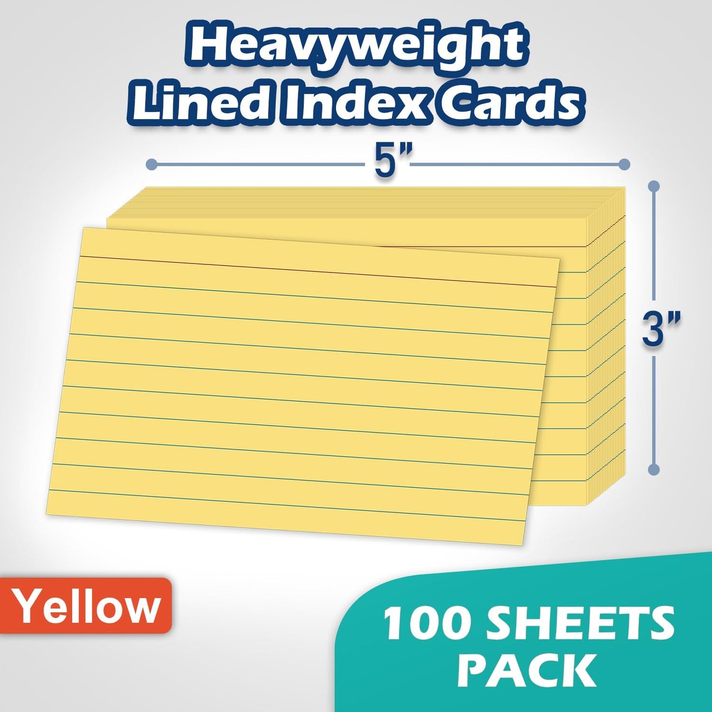 Yellow Lined Index Cards 3x5 Ruled Note Cards 100 Count, 180 gsm Heavy Weight