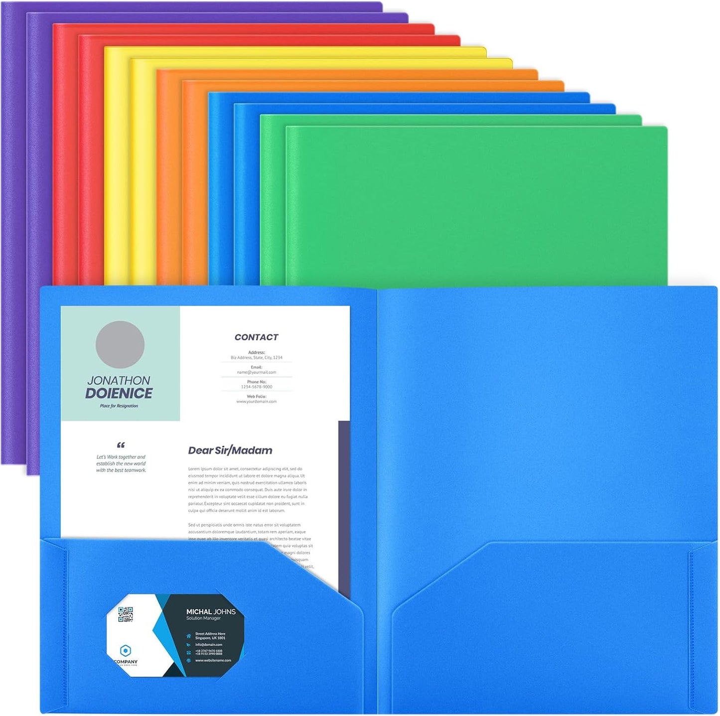 Gueevin 12 Pcs Plastic Folders with Pockets, Back to School Two Pocket Folder Fit Letter Size, Heavy Duty School Business Card Holder for Home Office, 11. 61 x 9. 45 Inches (Bright)