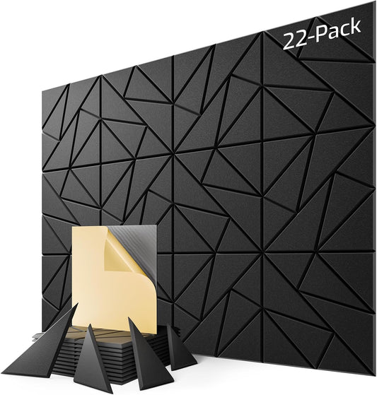 22-Pack Acoustic Panels,12"x12"x0.4" Soundproof Wall Panels, Peel & Stick Sound Proof Foam Panels for Walls, Geometric Noise Reduction Panels for Home Office,Studio (Black)