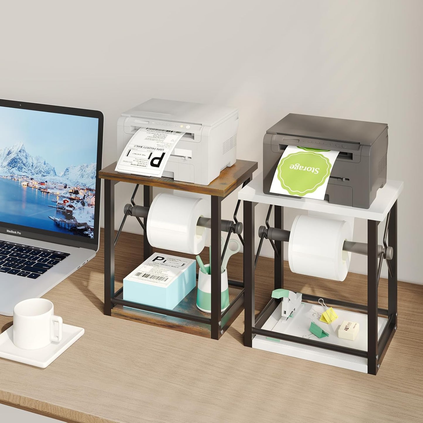 Label Holder for Rolls and Fan-Fold Labels, Shipping Thermal Label Holder, Sticker Roll Holder for Small Business & Home Office, Vintage Brown