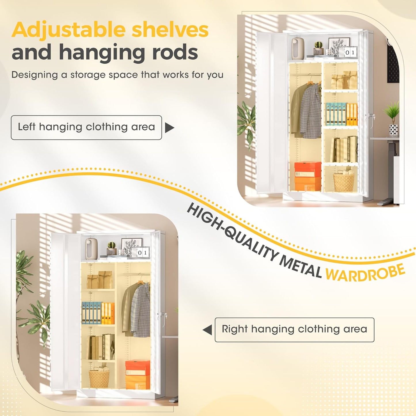 Greenvelly Metal Storage Wardrobe Cabinet with Lock, 72" White Metal Wardrobe Closet for Hanging Clothes with Doors and Shelves, Modern Clothes Closet for Home, Office and Bedroom, School,Gym