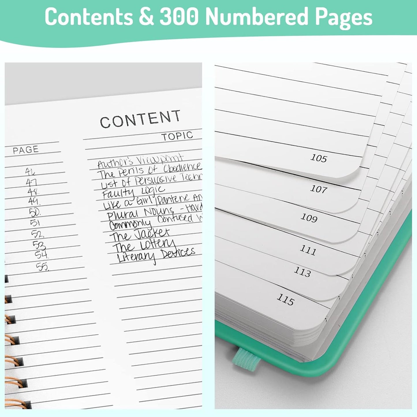 Forvencer Lined Spiral Journal Notebook with 300 Numbered Pages, B5 College Ruled Thick Journals for Writing with 100GSM Paper, Hardcover Notebooks with Contents for Work, School, Women, Men, Green