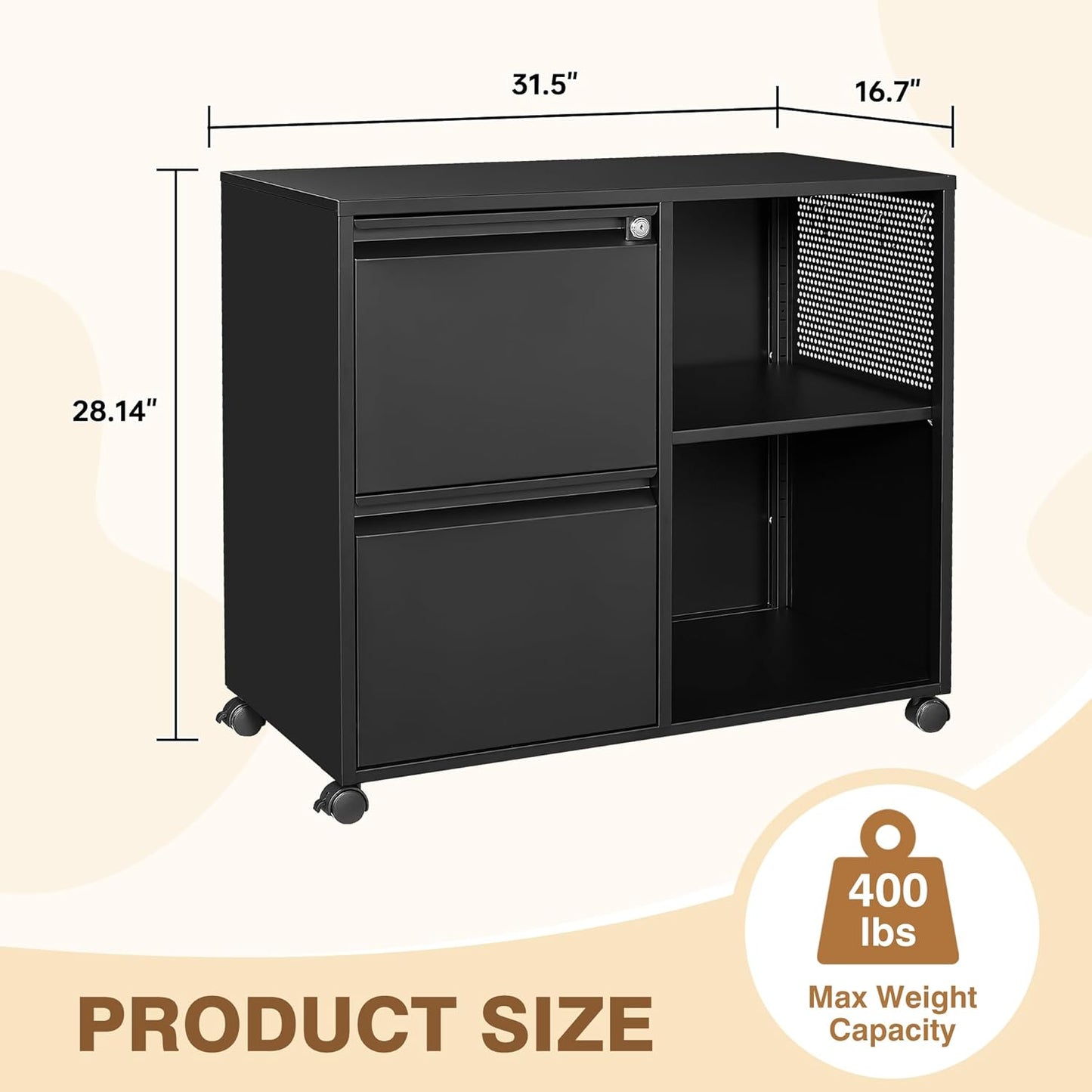 Lateral 2 Drawer Filing Cabinet with Lock, Mobile File Cabinet on Wheels, Printer Stand with Storage for Legal/Letter/A4 File Folders (Blcak)