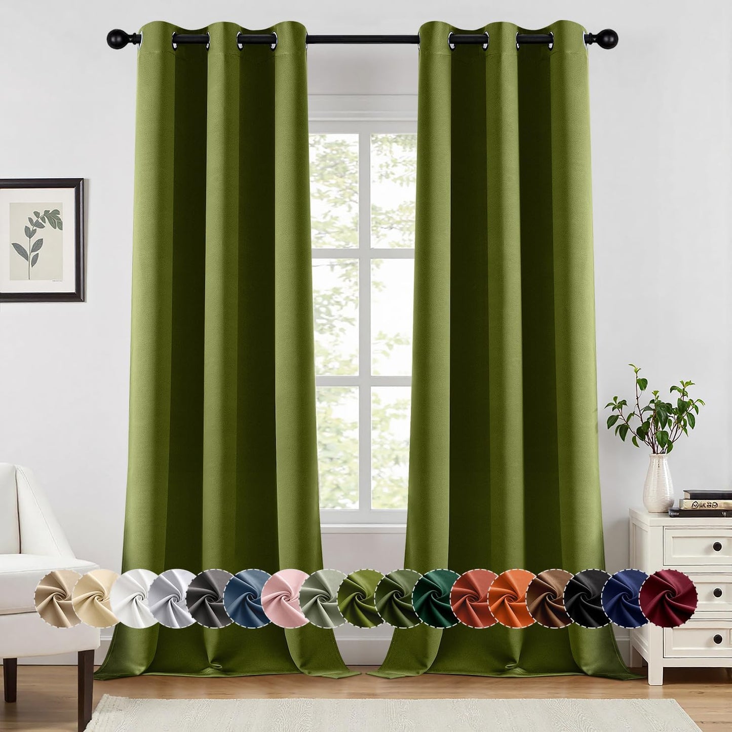 MIULEE Light Olive Green Blackout Curtains for Bedroom Living Room 90 Inches Long 2 panels, Thermal Insulated Room Darkening Drapes Grommet Top Noise Reducing Light Blocking Window Curtains 40x90 Inch